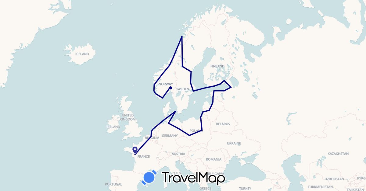 TravelMap itinerary: driving in Belgium, Germany, Denmark, Estonia, Finland, France, Lithuania, Latvia, Netherlands, Norway, Poland, Russia, Sweden (Europe)